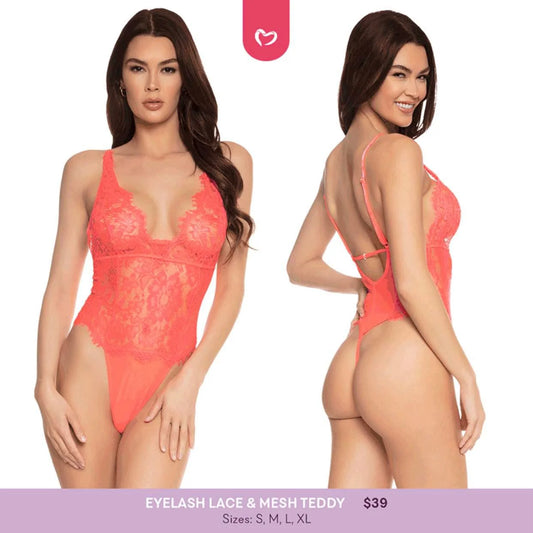 Neon Coral Eyelash Lace & Mesh Teddy