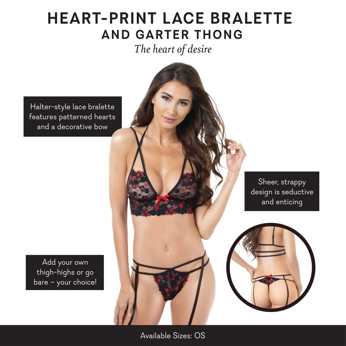 Heart-Print Lace Bralette & Garter Thong