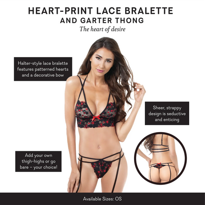 Heart-Print Lace Bralette & Garter Thong